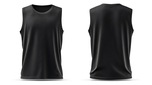 Black sleeveless tank top for active sports. Blank garment. Front and back views. Versatile design suitable for various sports. Lightweight and breathable. Casual attire or .