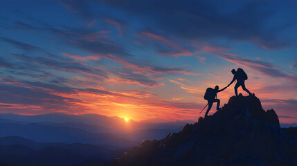 Hikers helping each other climb mountain sunset