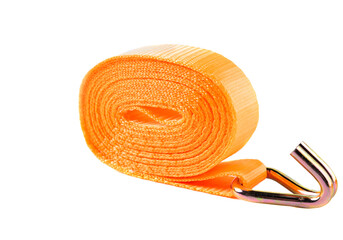 Orange lashing strap with metal ratchet and hook, displayed on clean white background. Used for...
