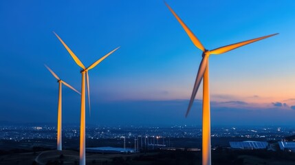 Fototapeta premium Three wind turbines are spinning against a dark blue sky at dusk overlooking a city with glowing lights
