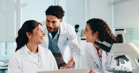 Obraz na płótnie Canvas Laptop, medical and laughing with people in laboratory for science, gene therapy and research. Healthcare, stem cell innovation and organ growth study with group for collaboration and results