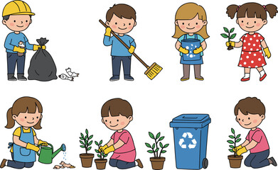 Cartoon kids cleaning environment, planting trees, recycling waste, environmental awareness illustration, children doing eco activities, save nature concept, green habits, teamwork, Earth care