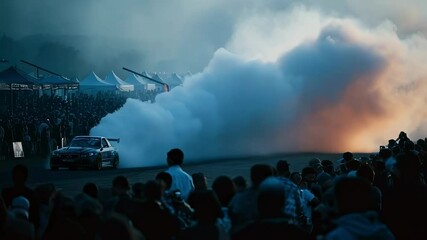 Drifting car billowing dense smoke from tires, creating dramatic vapor cloud obscuring setting sun while spectators watch intently from grandstand during high energy motorsport performance