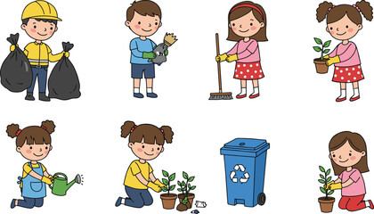 Cartoon kids doing environmental activities, planting trees, recycling trash, watering plants, eco-friendly habits, helping nature, green earth concept, children cleaning, save environment illustratio