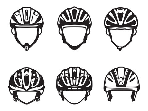 set of 6 psc different type of Bicycle helmet clear vision simple dark black line art on white.eps