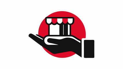 Hand holding a store front with red circle in the background in black and white minimal design