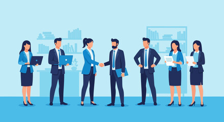 Business Team Collaboration: Diverse Professionals in Blue Suits, Handshake, Laptops, Documents