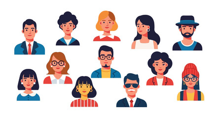 Collection of diverse cartoon avatars in various outfits and hairstyles.