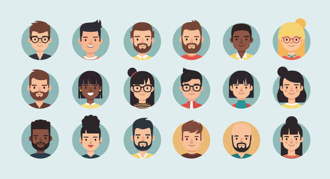 Collection of Diverse Flat-Style Cartoon Avatar Icons: Smiling Men and Women with Varied Hairstyles, Skin Tones, and Attire