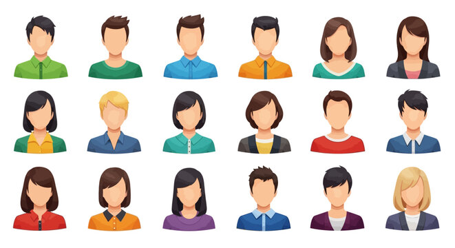 Collection of Eighteen Faceless Cartoon Profile Pictures: Diverse Hairstyles and Attire