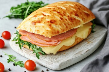 Delicious ham and cheese sandwich on white wooden board with Two homemade sandwiches ham