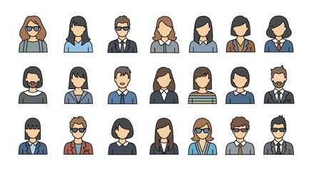 Collection of Twenty-Four Diverse Line Art Avatar Icons:  Faceless Business Professionals with Varying Hairstyles and Attire