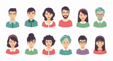 Diverse Cartoon People Avatars: Men, Women, Young, Old, with Various Hairstyles and Outfits
