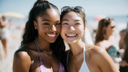 Joyful Diverse Women Celebrating Friendship and Summer Fun on a Bright Beach Day - Powered by Adobe