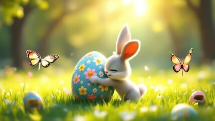 Cute Easter Bunny Hugging Decorated Egg in Spring Meadow - Powered by Adobe