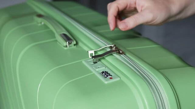 Fingers enter the code on the suitcase lock.