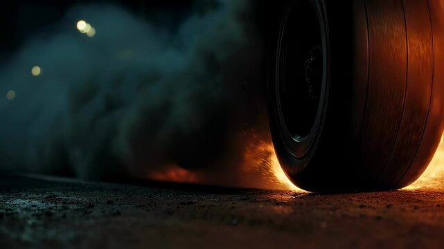 Intense heat and friction cause a one tire to emit smoke and sparks during a night race, creating a dramatic display of speed and performance