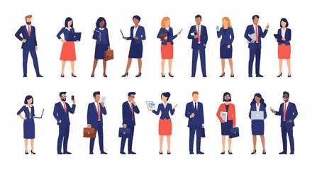 Diverse Group of Business Professionals in Formal Attire, Posing with Laptops, Briefcases, and Documents