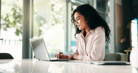Typing, businesswoman and research on laptop for account management or finance report. Auditor,...