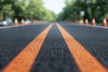 Detailed Close-Up of Asphalt Road with Orange Lane Markings