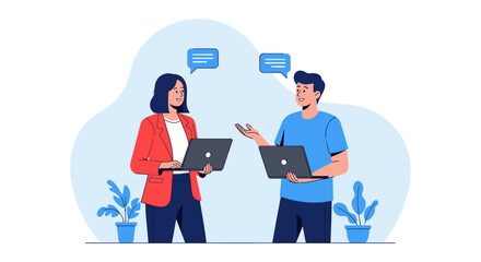 Two People Discussing with Laptops and Speech Bubbles, Flat Vector Illustration