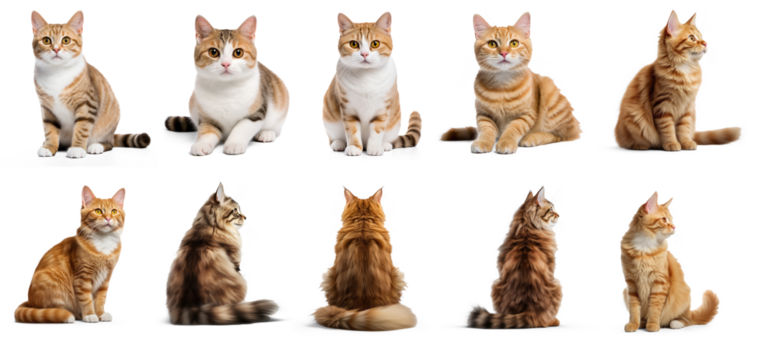 A collage of various cat breeds, showcasing their unique fur patterns and colors.