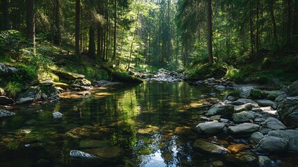 Morning forest stream. Clear shallow river flows in rocky bed through green forest. Sunlight shines, creates reflections in the water. Hiking, travel, eco tourism, peace, .