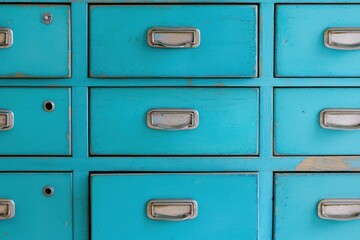 Vibrant Teal Drawer Fronts with Metallic Handles for Vintage Storage