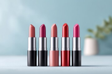 Fototapeta premium Colorful lipstick containers displayed on an engaging background with creative space for text