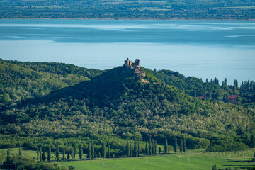Castle of Szigliget aerial view in summer. Hungary, Europe