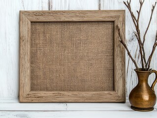 Rustic wooden frame with burlap background and decorative vase