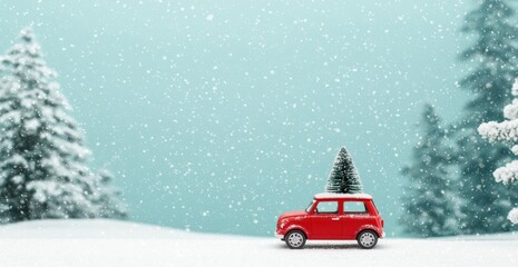 Miniature Red Car with Christmas Tree in Snowy Winter Wonderland