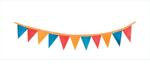 Fototapeta premium Bunting hanging garland Flag. Watercolor illustration of triangular garland in yellow, blue and red colors. Drawing of pennants for Baby shower party greeting cards, wedding background and kids party