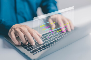 Milestones management shows a Gantt timeline chart. Concept of managing business project plans in software, organizing schedules in digital calendars. progress planner, work update, diagram design