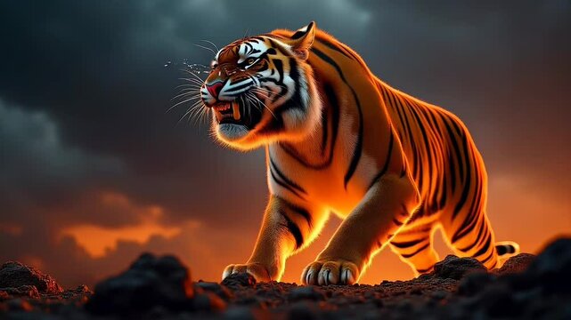 Glowing eyed tiger walks through fiery land
