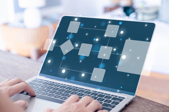 workflow process, programming to streamline strategy, and implement software. Concept of design for automation flowchart of business, model flow diagram of work. Scheme chart of the solution business