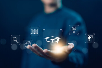 hand show learn icon, online training. Concept of a platform for digital education, teaching a...