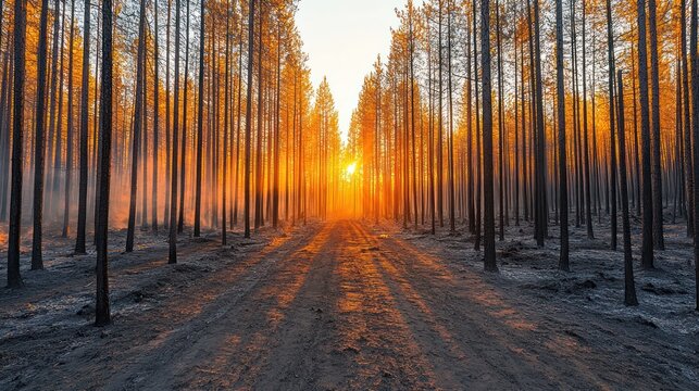 Golden sunlight streams through a charred forest after a fire. - Powered by Adobe