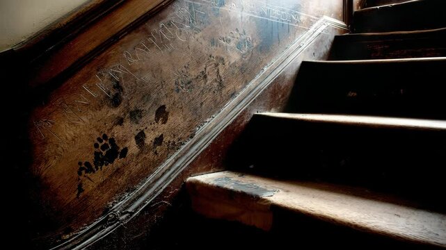 Aged wooden staircase with carved and etched details
