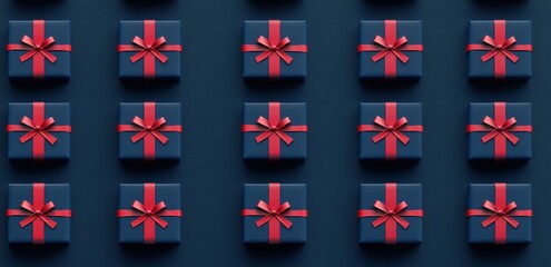 Obraz premium Blue Gift Boxes with Red Ribbons Arranged in Neat Patterns