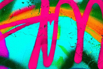 Neon graffiti wall in bold pink, turquoise, green. Urban 90s, Y2K style, vibrant street art, textured surface. Background, texture, pattern, modern 90s, 2000s creative design.