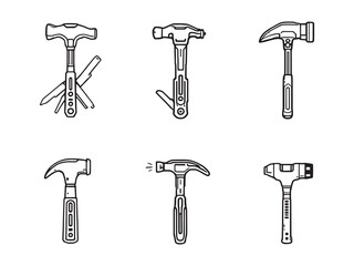 set of 6 psc different type of Emergency hammer clear vision simple dark black line art on white (1).eps