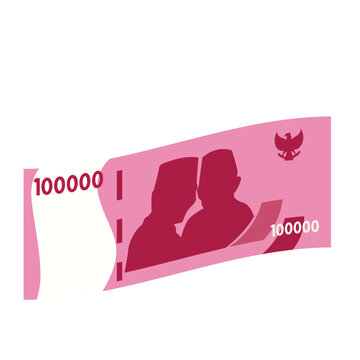 Flat illustration of a 100000 rupiah Indonesian banknote featuring two portraits and the national emblem. Simple, modern design, ideal for financial or economic topics.