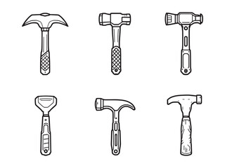 set of 6 psc different type of Emergency hammer clear vision simple dark black line art on white.eps
