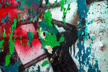 Grunge peeling paint texture in bold red, green, blue. Vintage 80s style, urban decay, distressed...