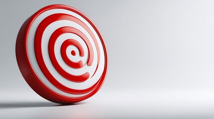 Simple red, white target on white background. Minimalist design. Goal oriented. Achieving objective. Geometric shape. Success symbol. Abstract graphic design. Focus concept. Sharp .
