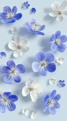 Fototapeta premium Blue & White Flowers on Light Background: 3D Rendering & Flat Lay Photography