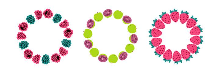Fruit frame set. Different fruits design template, copy space. Cute hand drawn fruits round frame in doodle style. Circular template. Hand drawn fruits circle border.