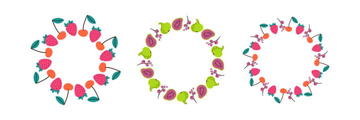 Fruit frame set. Different fruits design template, copy space. Cute hand drawn fruits round frame in doodle style. Circular template. Hand drawn fruits circle border.