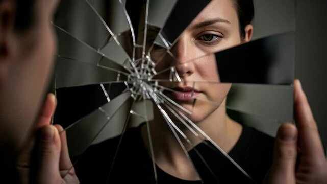 woman stands before cracked mirror, the complexities of mental health and depression, emphasizing the emotional weight of self-image and inner turmoil